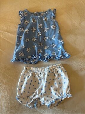 Florence Eiseman Blue Floral Ruffle Tank & Polka Dot Shorts Set